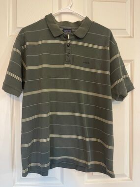 Patagonia Organic Cotton Olive Green Polo with Cream Stripes